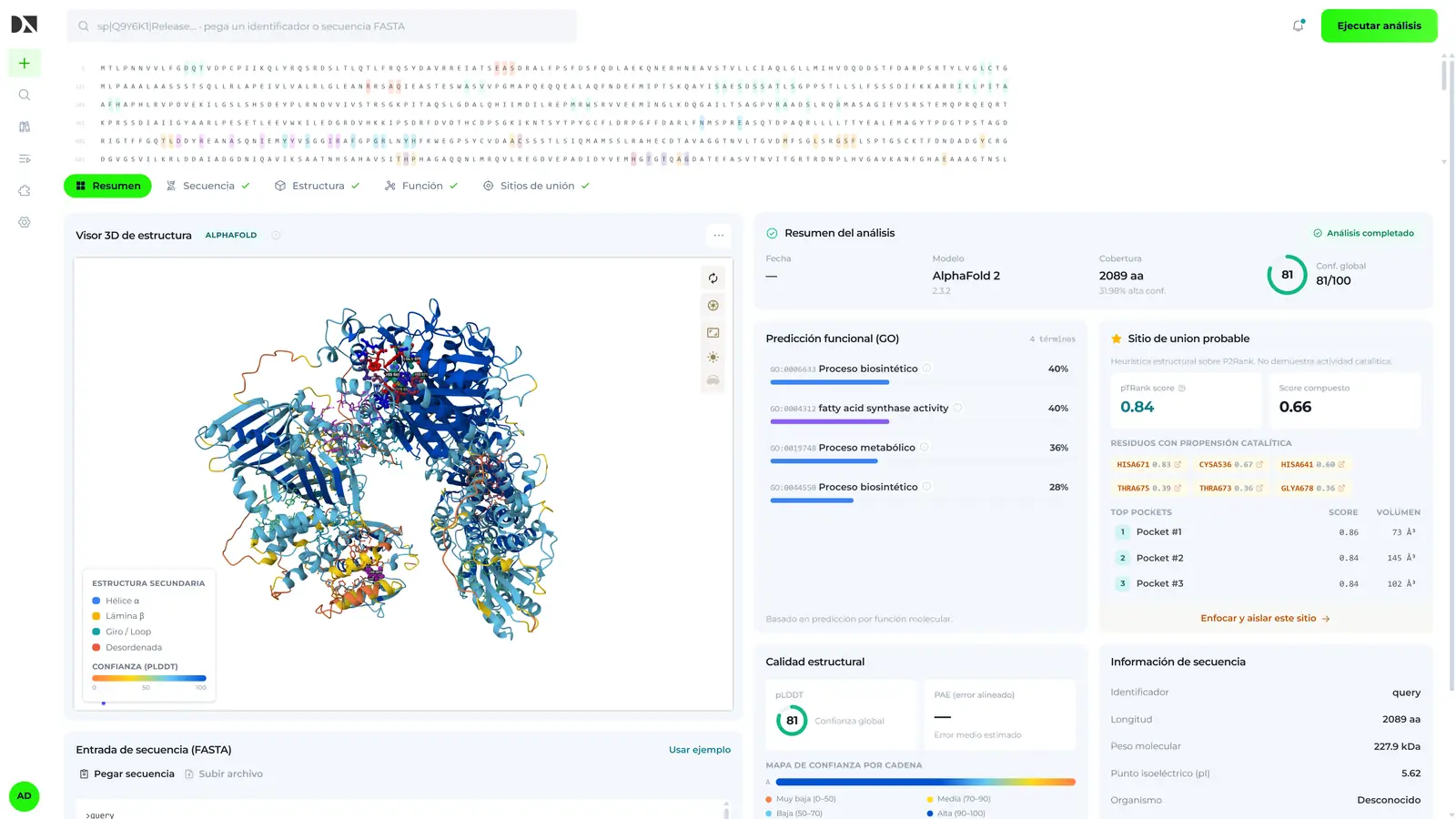 Interfaz de ProtInsight con estructura tridimensional de una proteína y resumen funcional